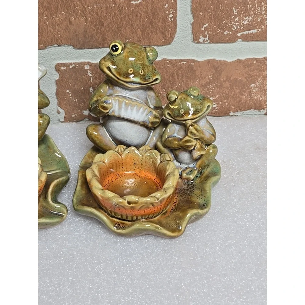 Frogs Toads Votive Candle‎ Holder Playing Instruments on Lily Pad Ceramic Lot 2